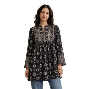 1970s Ramona Rull Black White Floral Print Dress Long Sleeve Boho Size Medium